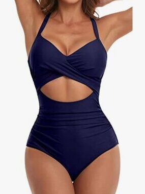 Eomenie Womens Small One-Piece Swimsuit Tummy Control Cutout Blue Adj Straps